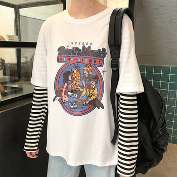 

Pure Cotton New Style Spring Clothing Loose-Fit Crew Neck Printed Joint Mock Two-Piece Long-sleeved T-shirt Students Women's