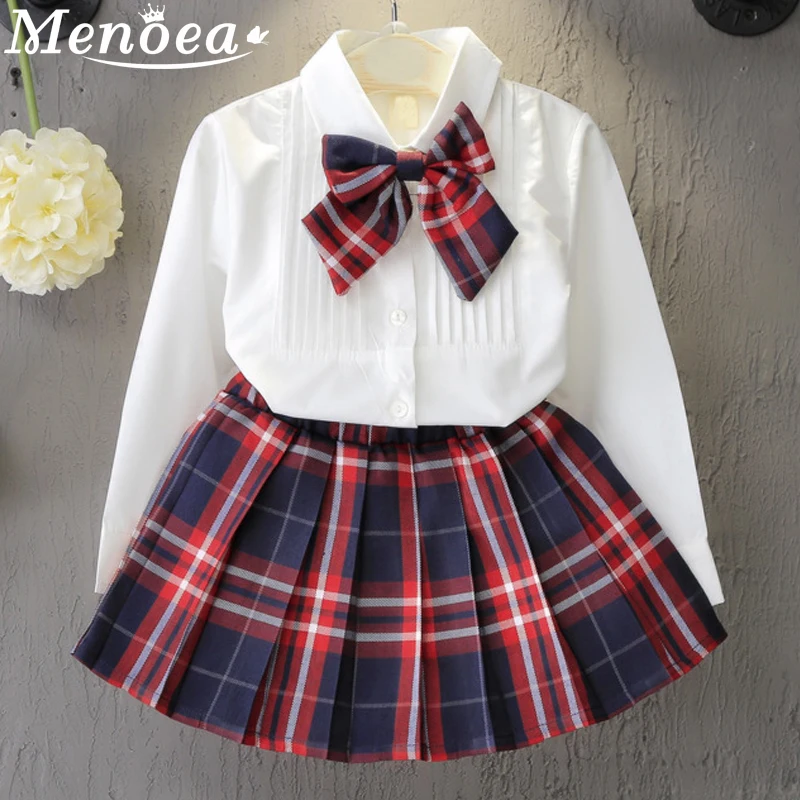 Menoea Girl College Dress 2020 Autumn Style Kids Class Uniforms Children Bow Shirt + Plaid Baby Costume Clothing 2pcs | Детская одежда