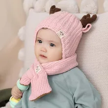 Doitbest 8 months to 3 Years kids Beanie little deer kid boys Knit hats winter 2 pcs fur baby girls winter hat and scarf