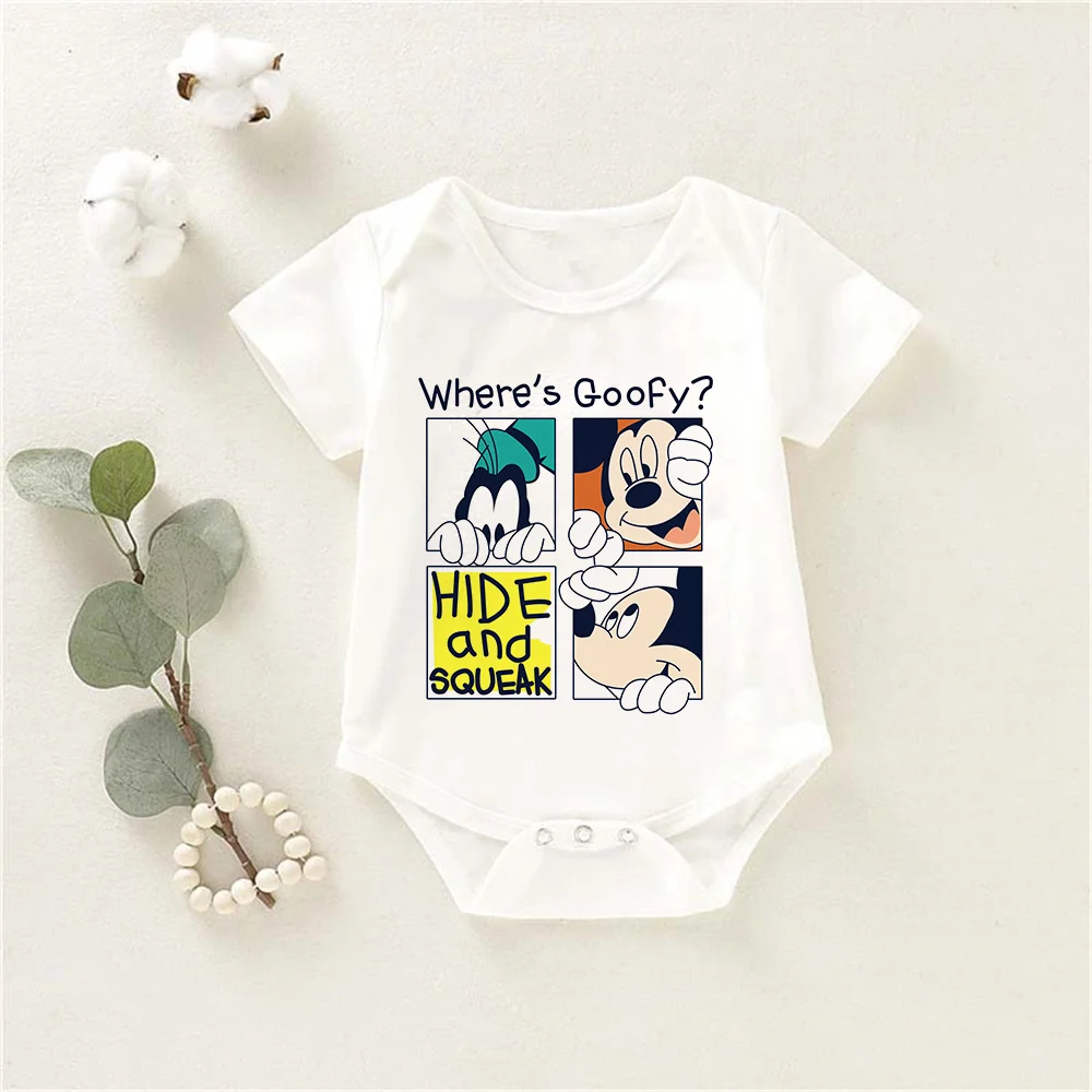 Where's Goofy Funny Baby Clothes Short Sleeve White O-neck Mickey And His Friends Onesie Newborn Bodysuit Girl Boy Rompers |