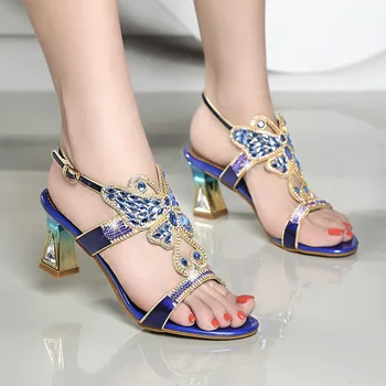 

2020 rhinestone sandals women's summer high-heeled crystal diamond buckle women's shoes thick-heeled breathable sandals