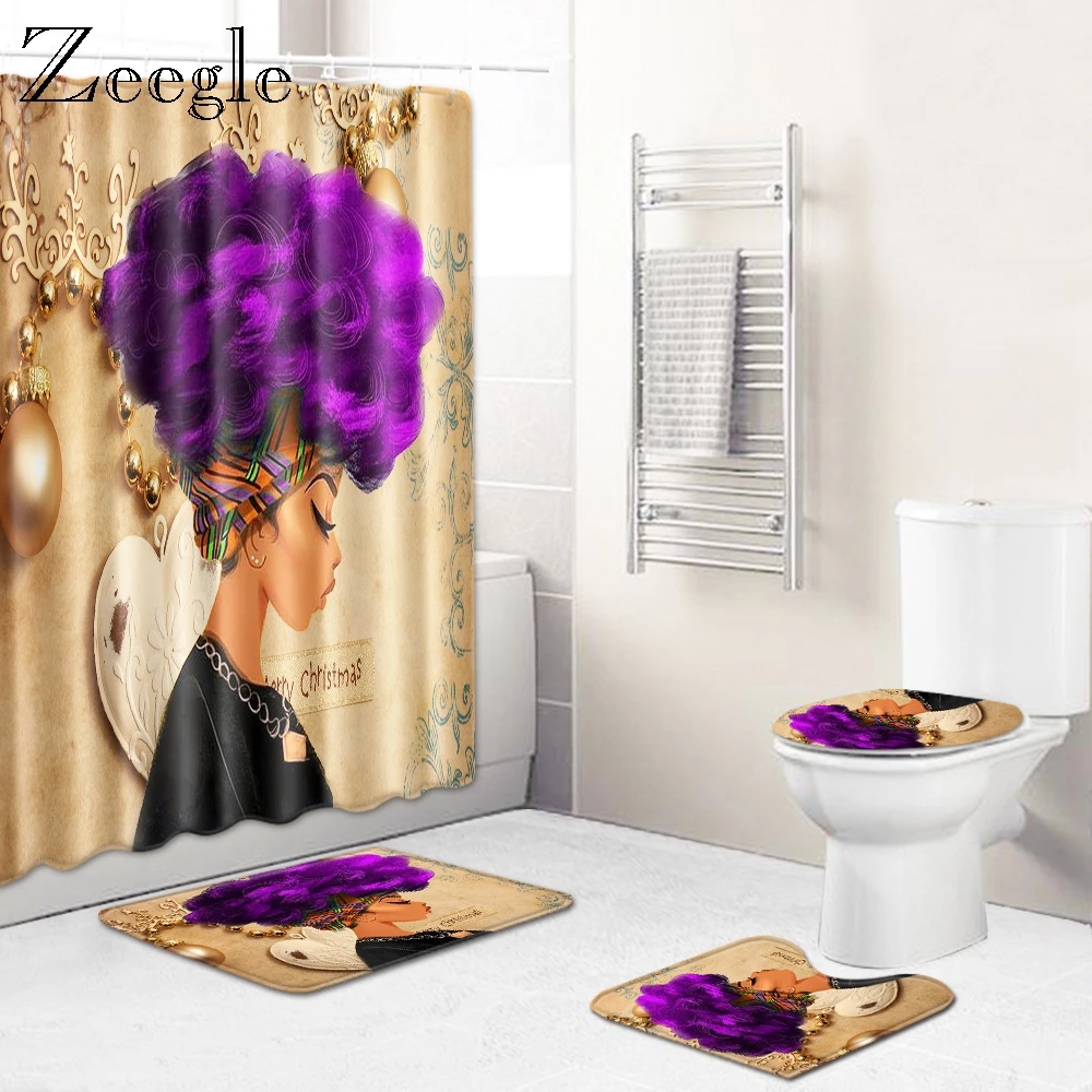 Zeegle Bathroom Curtain 4pcs Bath Mat Set Toilet Pedestal Rug Foot Mat Soft Toilet Cover Seat Mat Anti-slip Bathroom Doormat Rug