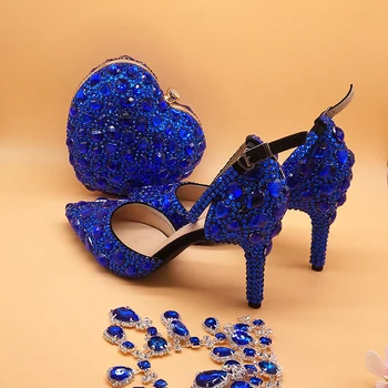 

Royal Blue Rhinestone Wedding shoes and heart bags set woman shoes crystal Party dress shoes Bride Ankle strap women shoes