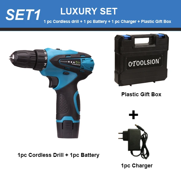 SET1 (1 pc battery) 12 В Электрическая отвертка дрель 18+ 1 беспроводная дрель перезаряжаемая отвертка электрическая беспроводная дрель с переменной скоростью - Цвет: SET1 (1 pc battery)