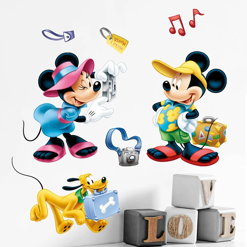 Cartoon Disney Mickey Minnie Pluto Take A Photograph Wall Stickers For Kids Rooms Home Decor Wall Decals Pvc Mural Art Wallpaper
