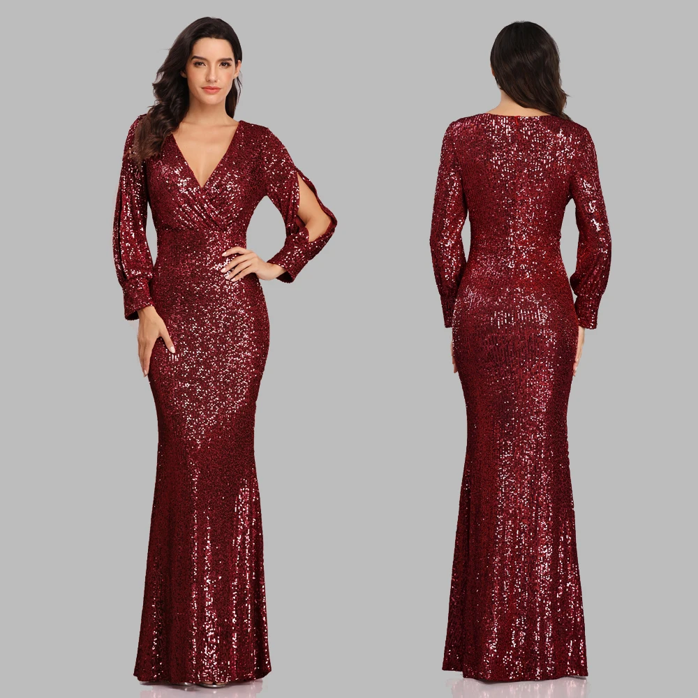 Sexy V-neck Mermaid Evening Dress Long Formal Prom Party Gown Full Sequins long Sleeve Galadress Vestidos Women Dresses 2021