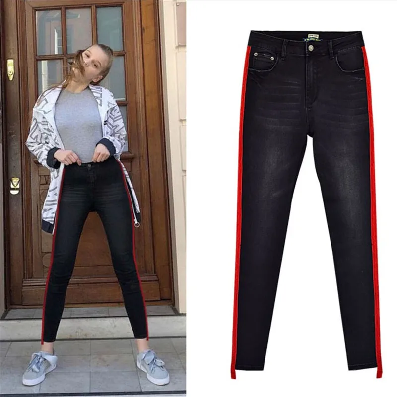 women's high waist elastic double-sided stitching large red patch denim cropped pants large size casual gray black pencil jeans