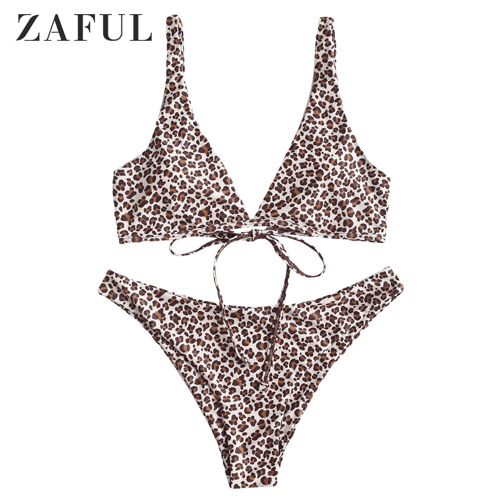 

ZAFUL Women Leopard Back Tie Plunge Bikini Swimsuit Plunging Neck Bathing Suits Sexy Wire Free Removable Padded Swimwear 2020