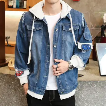 

Men's Hip Hop Men's Retro Denim Jacket Street Casual Bomber Jacket Harajuku Fashion Coat Autumn New Hooded Denim Jacket Men's