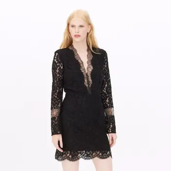 

V Collar Sexy Hollow Out Hook Flower Dew Back Long Sleeve Lace Dress B676