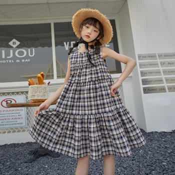 

6 To 16 Years Kids and Teenager Girls Summer Cotton Plaid Dress Fashion Sleeveless Mother and Kids Dresses Casual Clothes,