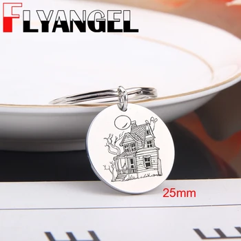 

FLYANGEL Key Chain Halloween Keyring Engraved Halloween Ghost House Stainless steel Round Key Tag Jewelry Accessories