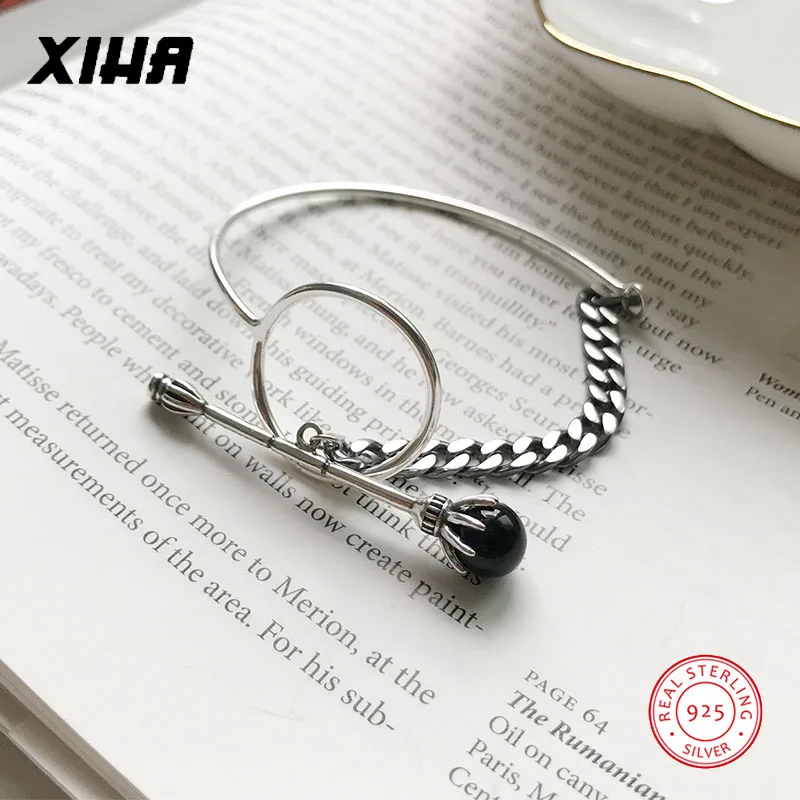 925 пробы, серебристый, черный, натуральный камень, кубинская цепочка, браслеты для женщин, OT, застежка, ювелирное изделие, асимметричный браслет, браслет
