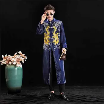 

Blue Satin Embroidery Hanfu Gown Men Luxury Chinese Traditional Wedding Hanfu Gown Male Cosplay Costume For Men Plus Size XL