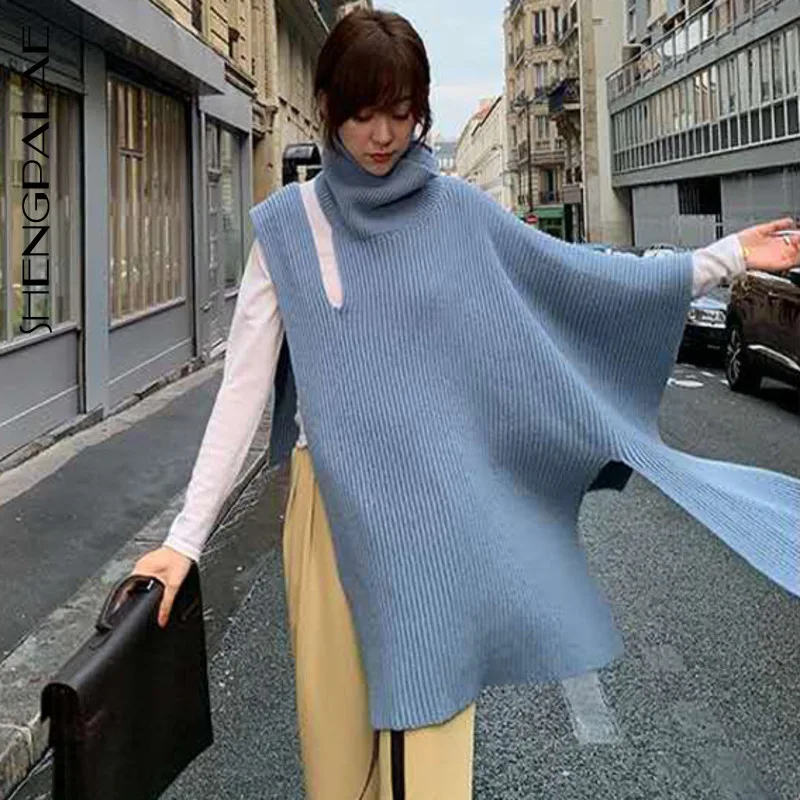 SHENGPALAE 2021 Autumn Winter Women's Turtleneck Sweater Irregular Fashion Elegant Female Solid Color Knitted Shawl Cloak 5A656 | Женская