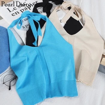 Pearl Diary Women Halter Knit Crop Top Summer Solid Sexy V Neck Short Top Knitted Going Out Backless Casual Crop Top For Women striped halter neck crop shell top
