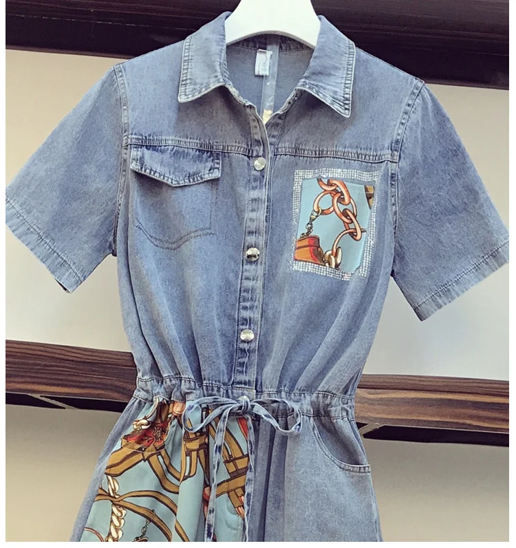 Plus Size XL-5XL Denim Dresses Women Summer 2020 Retro Pattern Printing Drawstring tie Single-breasted Short Sleeve Denim Dress