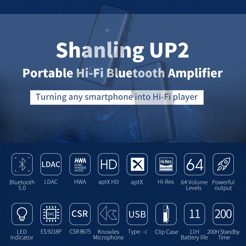  Shanling UP2 Lettore Audio Bluetooth Bluetooth Ad Alte Prestazioni 5.0 APTX-HD Portatile ESS Cuffia