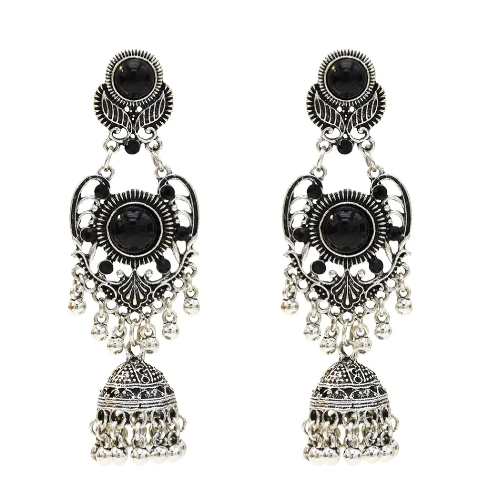 Большие винтажные серебряные серьги jhumka для женщин Boho синие Черные Каменные колокольчики кисточкой Висячие серьги Афган индийские массивные ювелирные изделия