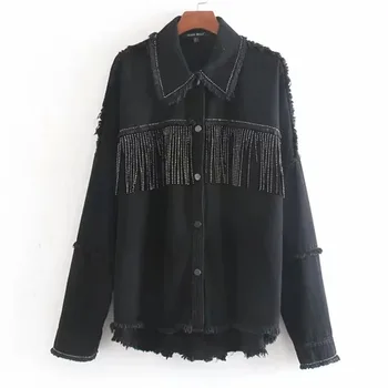 

iMucci Women Fashion Oversized Black Jackets Tassels 2020 Spring Summer Turn Down Collar Coat Ladies Streetwear Tops TM1365