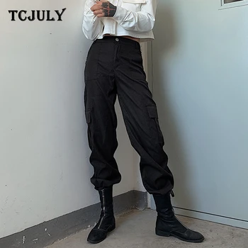

TCJULY Fashion Solid Cargo Pants With Pockets High Waisted Casual Trousers Women Spring Autumn Streetwear Slim Full Length Pants