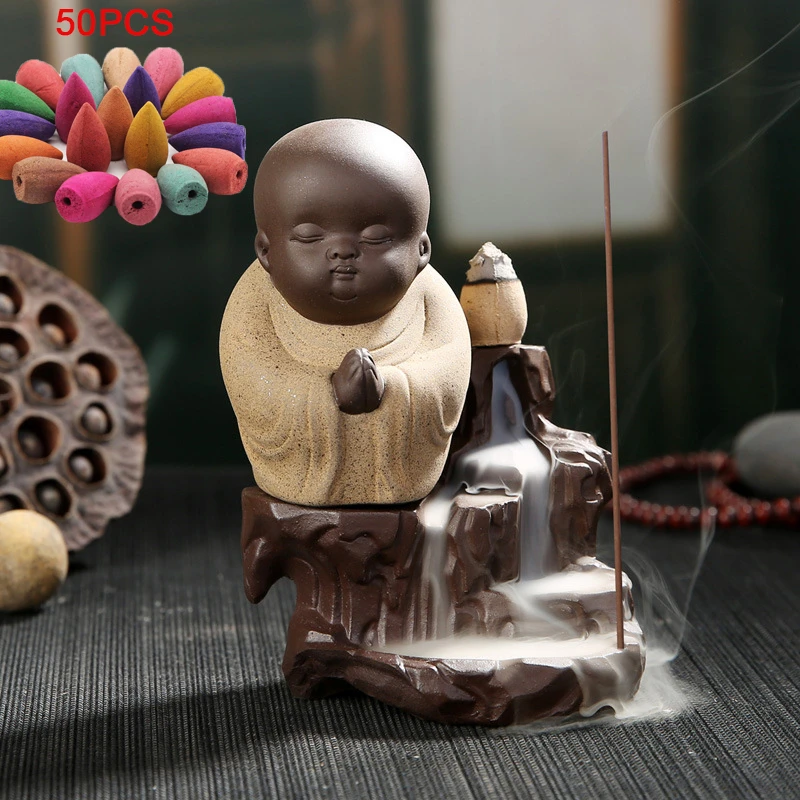 E with 50pcs Cones 50Pcs Incense Cones+ 1Pc Burner The Little Monk Small Buddha Censer Ceramic Waterfall Backflow Incense Burner Holder Home Decor - Цвет: E with 50pcs Cones