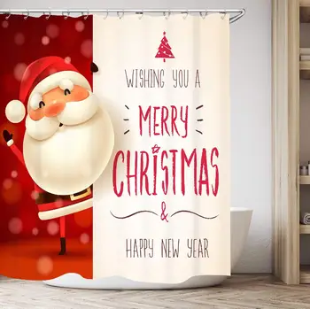 

Christmas Shower Curtain, Happy Santa Claus Festive Cartoon Reindeers Christmas Ornaments Snow and Christmas Tree Waterproof