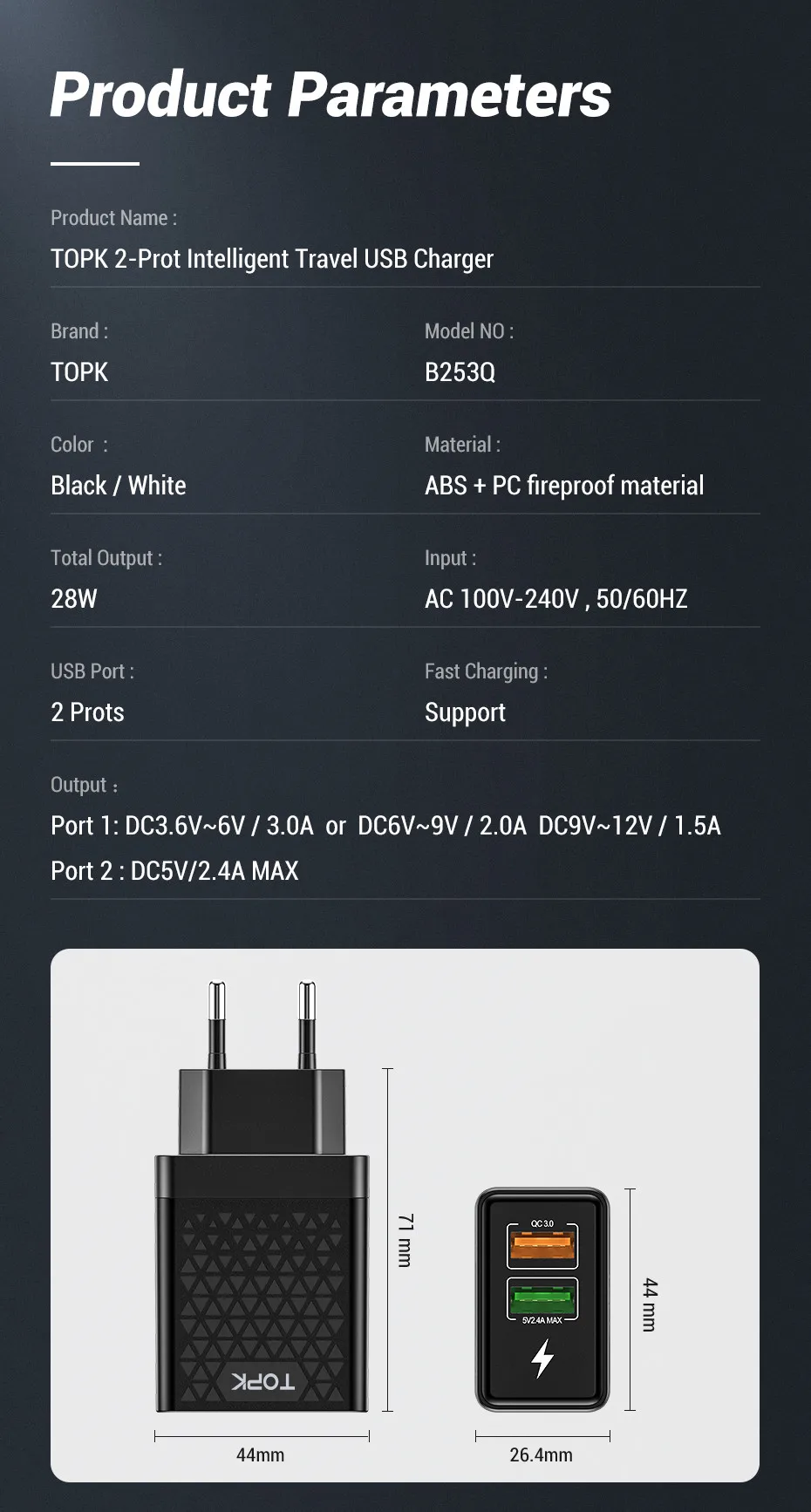 TOPK B254Q Быстрая зарядка 3,0 адаптер зарядного устройства с двойным USB ЕС Путешествия стены QC3.0 быстрое зарядное устройство для телефона для iPhone samsung Xiaomi