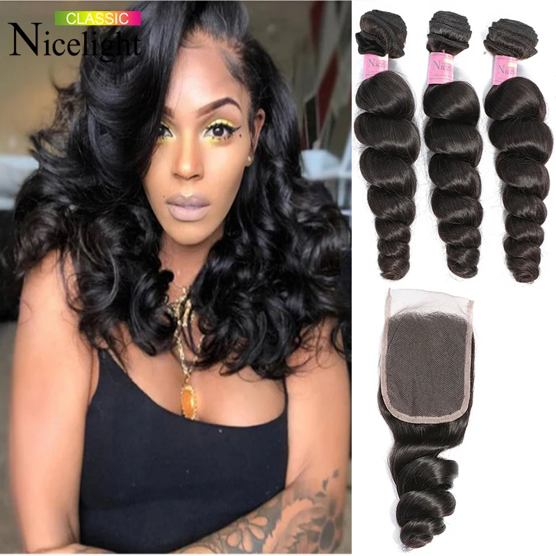 

Loose Curl 3 Bundles With Closure Nicelight Human Hair Bundle Deals With Closure Peruvian Hair Bundles And Closure Short Bundles