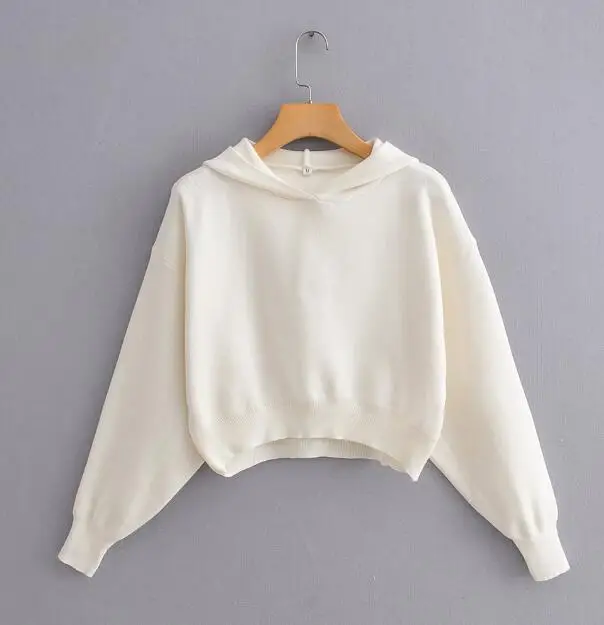 XQJ9530 White Женский свитшот с длинным рукавом, короткий стиль с капюшоном, пуловеры с широким плечом, рукав летучая мышь, полиэфирный смешанный, 4 цвета, Прямая поставка - Цвет: XQJ9530 White
