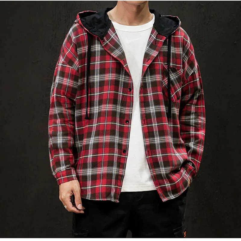 

Oversize 2019 Red Plaid New Brand Men Fashion Loose Casual Streetwear Men Clothing Soft Men's Large Hooded cap Patchwork Jackets