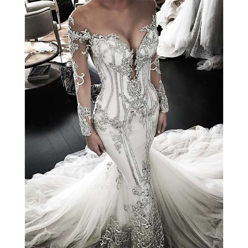 Robe De Mariee тонкая Кружевная аппликация Русалка свадебное платье имитация Длинного Рукава декольте Свадебные платья - Цвет: as picture