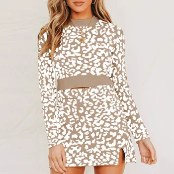 

Leopard Print Wild Two Piece Knitted Suit Sexy Autumn Women Set Chic Streetwear Women Knitted Skirt Long Sleeve 2 Piece Outfits