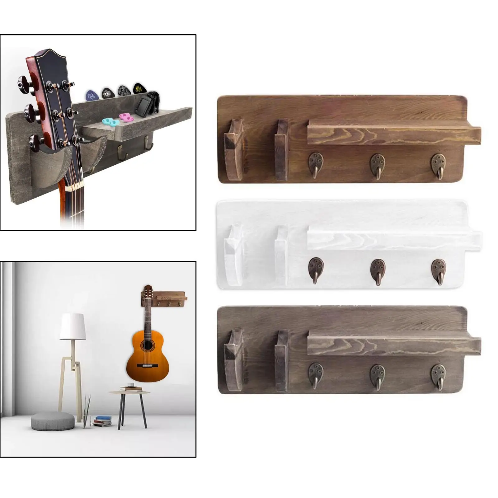 Estante de madera para guitarra montado en pared, soporte colgante para colgar con soporte para púas y 3 ganchos, 15,74x7,48x2,76 pulgadas|Partes y accesorios de guitarras| - AliExpress