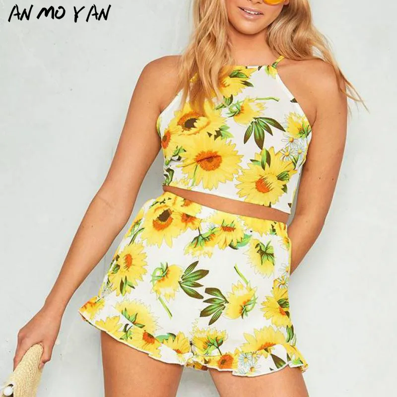 

European And American Sexy Short Tops Ladies Sets Fashion Sunflower Flower Print Summer Suspender Lace Shorts Suit