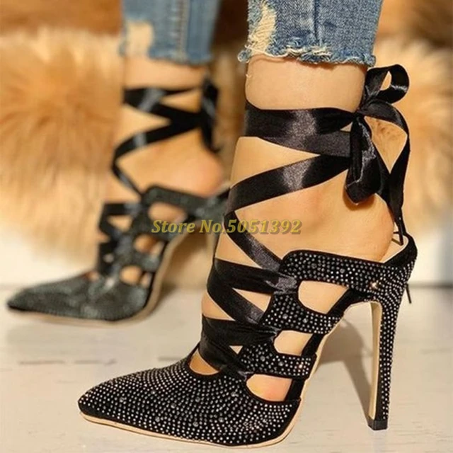 Womens Ankle Strap Rhinestone Bow Shoes Stiletto Stiletto Heel Cut Out  Ankle Strap Buckle Dress Dance Pumps - Walmart.com