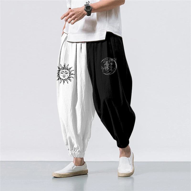 Pantalones bombachos de gran tamaño para hombre, con estampado de Luna sol, blanco y negro, Hip Hop, nueve puntos, 6XL| Pantalones informales| - AliExpress