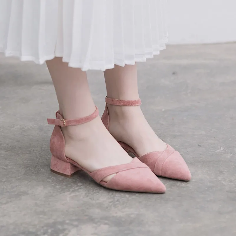 

YQBTDL 2024 Fashion New Summer Med Block Heel Shoes Pointed Toe Suede Ankle Strap Womens Pumps Pink Black Leisure Chunky Heels