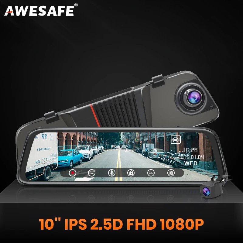 Автомобильный видеорегистратор AWESAFE 10 дюймов IPS 2.5D FHD 1080P Stream с зеркалом заднего