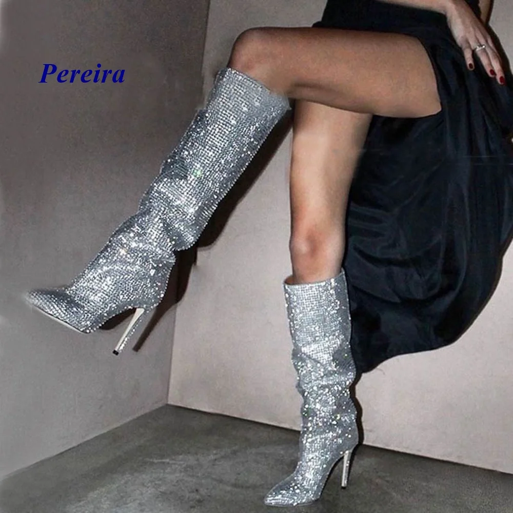

Pointed Toe Flock Crystal Boots Thin Heel Knee High Boots Bling Newest Fashion Women Winter Shoes Luxury Noble Shoes Sexy Boots