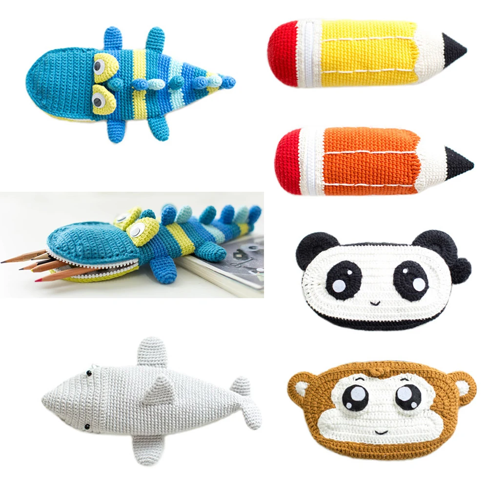 

Cute little animals (panda/crocodile/monkey) hand crochet craft stuffed doll complete with children's learning toy pen bag