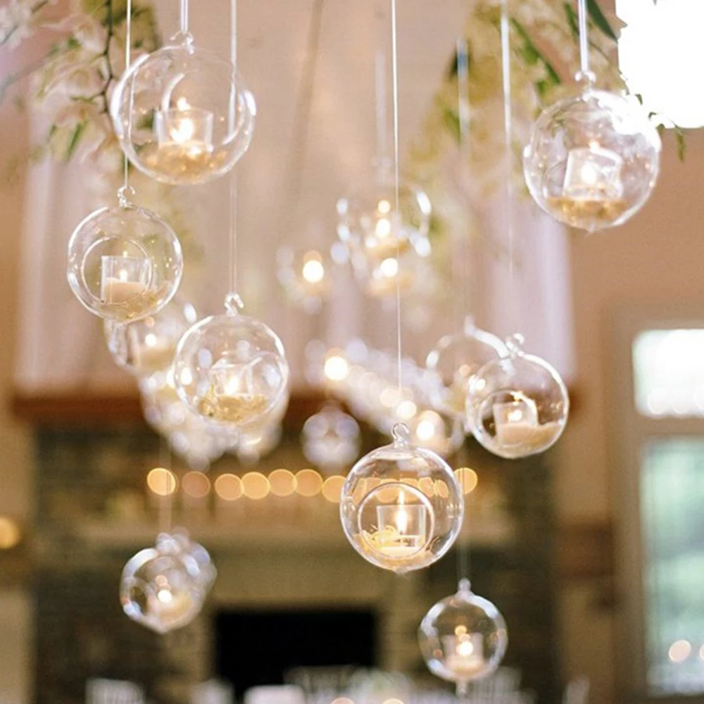 3.15/8cm Hanging Tealight Holder Glass Globes Terrarium Wedding Candle Holder Candlestick 12pcs 