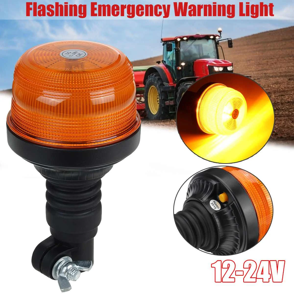 24 LED Amber Flashing Emergency Safety Rotating Waterproof Lamp for Agricultural Machines Suv Tractor Motor Flexible DIN Mount 10-30V Mesllin LED Strobe Warning Beacon Light 