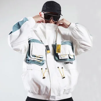 

Front Buckle Ribbon Zip Up Windbreaker Jackets 2019 Men Hip Hop Casual Streetwear Outwear Coat Male Fashion Jacket Tops