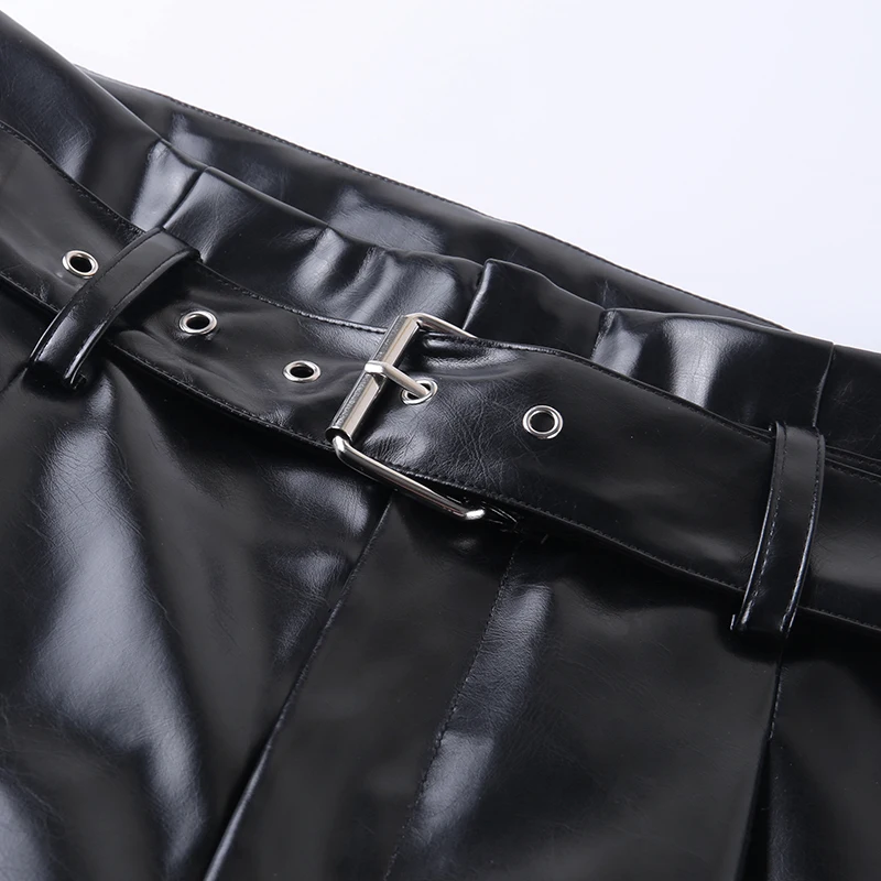 WannaThis Black Faux Leather Straight Pants With Belt Elegant Casual Women Autumn High Waist Streetwear Ladies Vintage Trousers