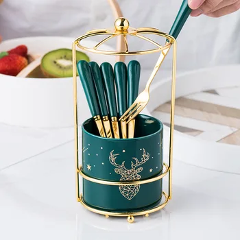 

6pcs Nordic Green Fruit Fork Set Light Luxury Ceramic Stainless Steel Fork Snack Fork Dessert Fork Cake Fork Household