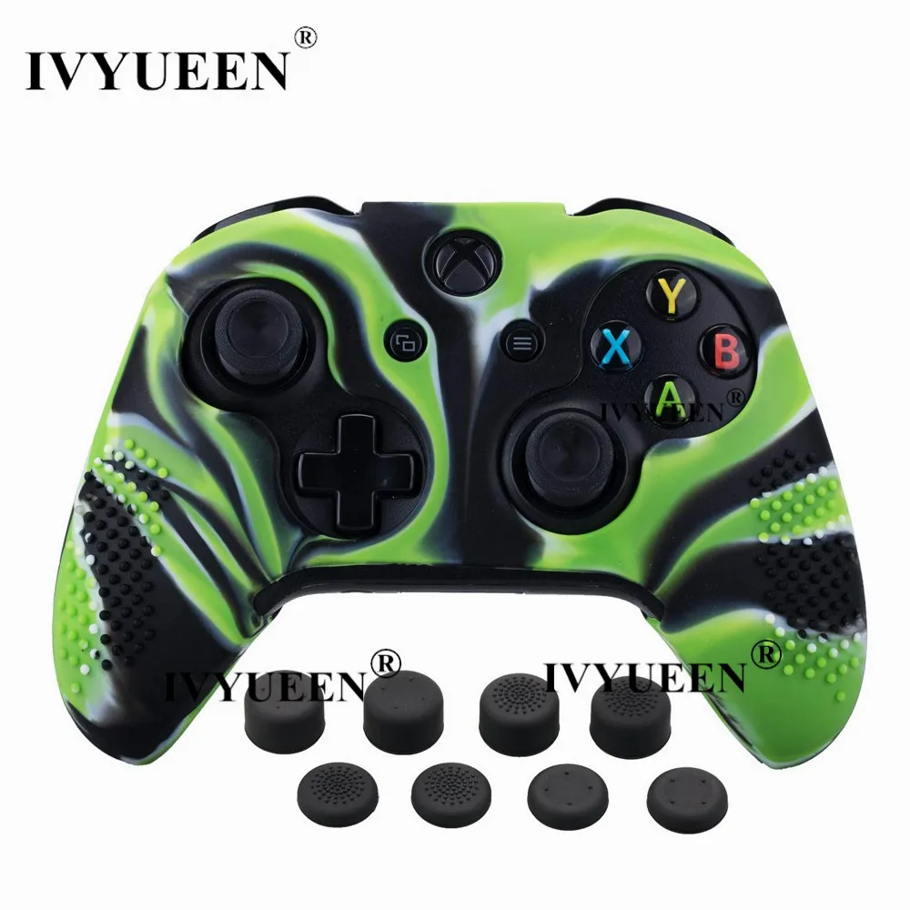 IVYUEEN силиконовой кожи для Xbox One X S контроллер Противоскользящий защитный чехол и 8 шт. аналоговые ручки Захваты дополнительная высота колпачки для большого пальца - Цвет: Green Camo