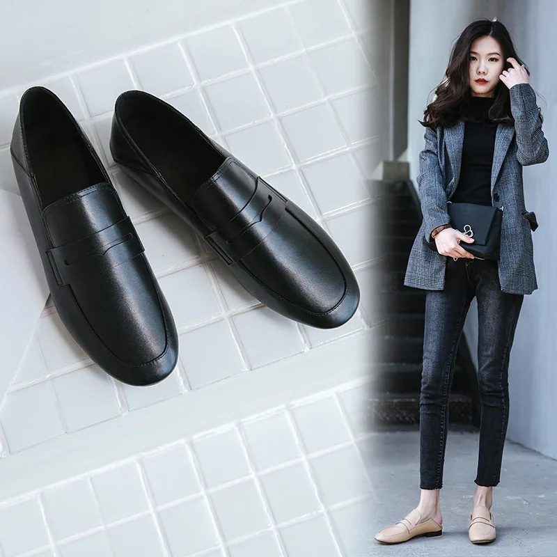 

2019 Spring New Style British-Style Flat Step on with Apricot Women's Flat Heel Genuine Leather Retro Shoes Women's Soft Leather
