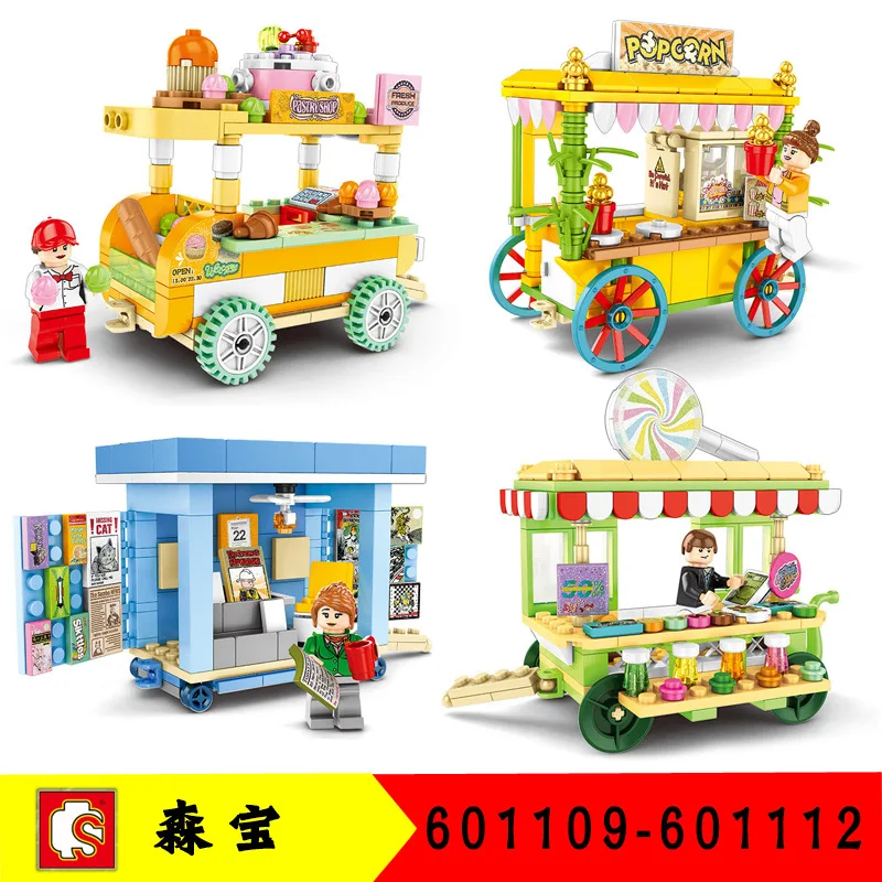 

Blocks vehicle Mini Shop Building Bricks Store Pedestrian Street Car Model handcart Kids toys Children Christmas Gift 601112