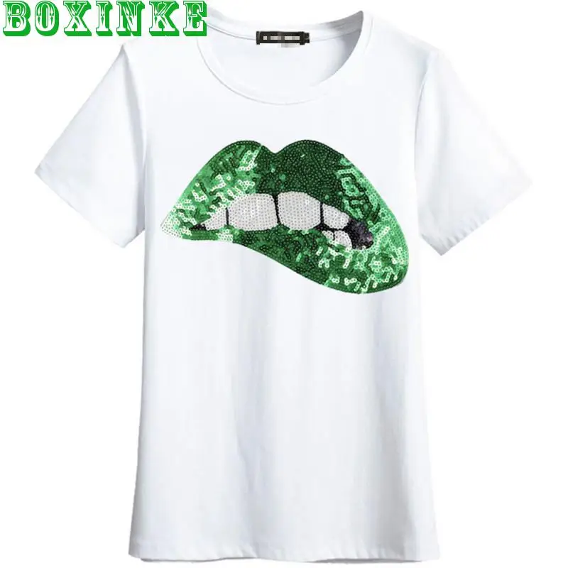 

New fashion sexy womens T shirt in summer European and American casual round neck Sequin lips short sleeve bottomed Knitted Top